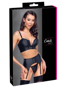 Cottelli PARTY Matte Black Lingerie Set with Rhinestone Zips, Size L