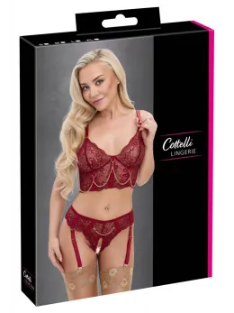 Cottelli LINGERIE Bra Set with Chains M - Dark Red Lace & Gold Details