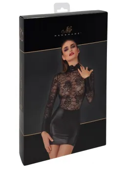 Noir Handmade Mini Dress XL with Stand-Up Collar and Lace Details