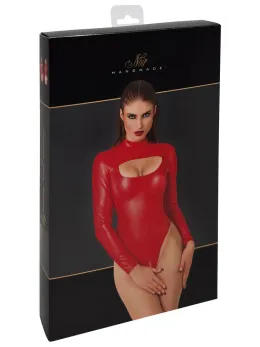 Noir Handmade Powerwetlook Bodysuit Red XL High-Neck Cut-Out Design