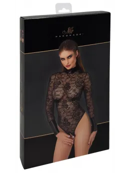 Noir Handmade Body Collar XL - Black Floral Lace Bodysuit with Stand-Up Collar