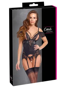 Cottelli LINGERIE Basque Set M with Removable Pearl Chains, Black
