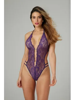 Renee Elegant Lace Bodysuit Purple - Openwork, Adjustable Straps L/XL