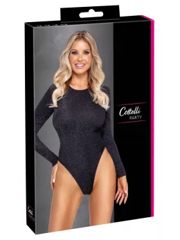 Cottelli PARTY Silver Glitter Long-Sleeve Bodysuit L, High-Leg Cut