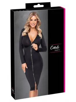 Cottelli PARTY Zip Front Dress Black XL - Elegant Stretch Knee-Length