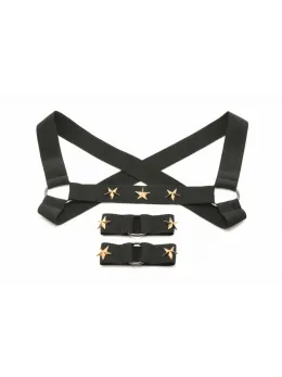 XR Brands Chest Harness & Armbands Black Stretch Adjustable Set