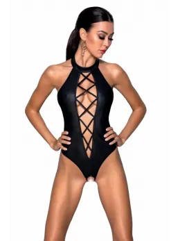 Passion Nancy Bodysuit Black Wetlook with Strap Design, One Size