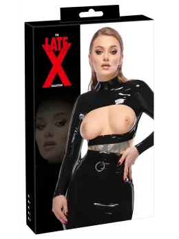 LateX Black Crop Top S - Open Front, Stand-Up Collar, Long Sleeves