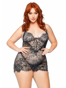 Plus Eyelash Lace Rhinestone Mini Dress & G-String Set, Black, 2-Piece