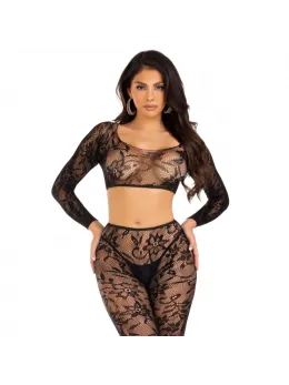 Leg Avenue Chantilly Lace Crop Top & Footless Tights Set, One Size, Black