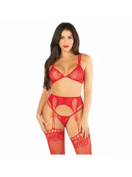 Leg Avenue Red Fishnet Bra, Thong & Stockings Set One Size