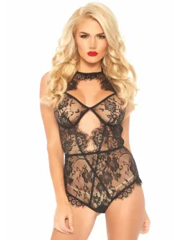 Leg Avenue Halter Teddy Lace Bodysuit with Full Back Panty Black