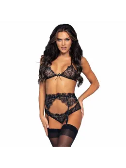 Leg Avenue Elegant Three-Piece Black Lace Set M - Bra, Panty, Garter Belt