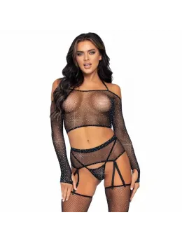 Leg Avenue Black Rhinestone Mesh 4-Piece Lingerie Set One Size