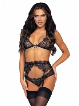 Dreamgirl 3-Piece Eyelash Lace Bra, Panty & Scalloped Garter Set Black