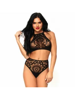 Leg Avenue 2-Piece Crochet Lace Set Black M/L - Crop Top & High Waist Thong