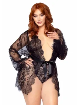 Leg Avenue Plus Teddy Set with Cheeky Thong & Lace Robe, Black, 3-Piece
