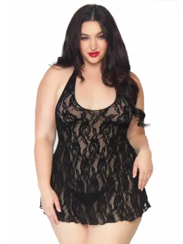 Plus Halter Rose Lace Dress - Elegant Lace Chemise with Open Back