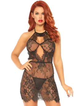 Dreamgirl Scalloped Lace Chemise Dress with Adjustable Straps Black L