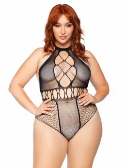 Plus Seamless Halter Bodysuit - Multi Net, T-Strap, Black, One Size