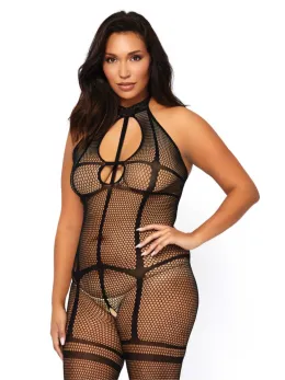 Plus Fishnet Halter Bodystocking - Elegant Mesh, Keyhole Detail, Black