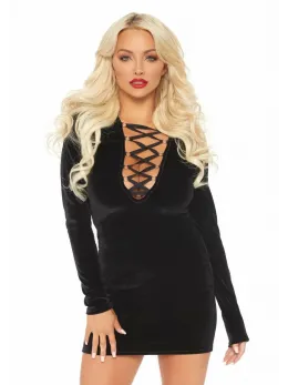 Velvet Long Sleeved Dress Black Deep-V Lace Up Elegant Fit L