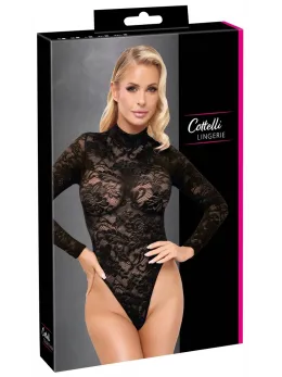 Cottelli LINGERIE Lace Body Black S - Elegant Long Sleeve Bodysuit