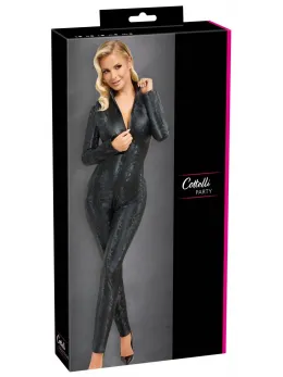 Cottelli PARTY Jumpsuit Snake L - Grey Snakeskin, 3-Way Zipper, Large
