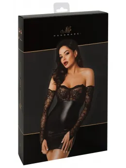 Noir Handmade Orgia Powerwetlook Dress with Lace and Arm Gauntlets M