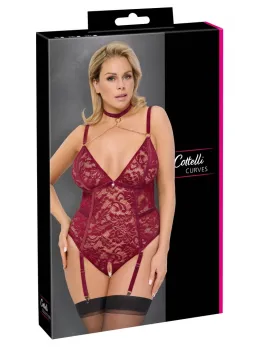 Cottelli Curves Lace & Velvet Suspender Body Red 2XL Adjustable Chains