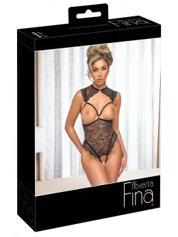 Abierta Fina Open Lace Bodysuit XL Black with Velvet Straps & Chains