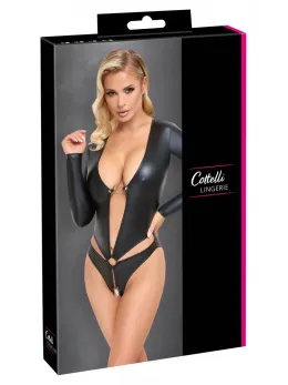 Cottelli Lingerie Bodysuit XL Long Sleeve Matte Black Open Front