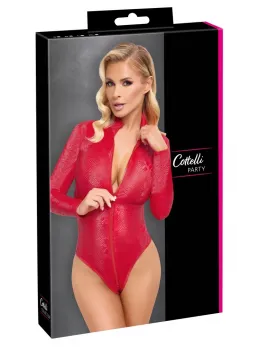 Cottelli PARTY Red Snakeskin Bodysuit S - Stretch Material, 3-Way Zip