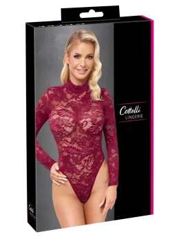 Cottelli Lingerie Lace Body Bordeaux Red M - Elegant Long Sleeve Design