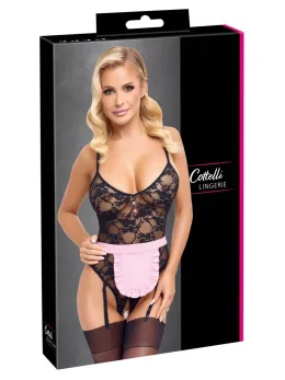 Cottelli Costumes Maid Stretch Lace Body M, Removable Suspenders, Black/Pink