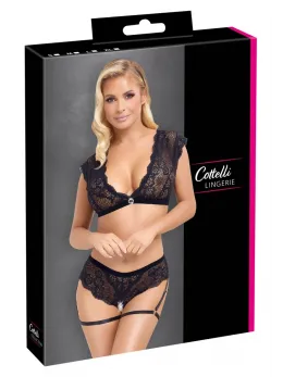 Cottelli LINGERIE Black Lace Set L - Top & Open Briefs with Rhinestone Accent