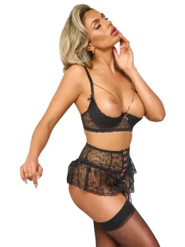 Abierta Fina Black Lace Set 3-in-1 Shelf Bra & Suspender Skirt 80C/M