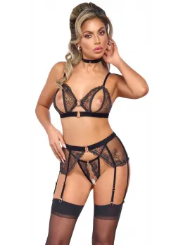 Abierta Fina Elegant Black Tulle Bra & Suspender Set with Choker, Size S