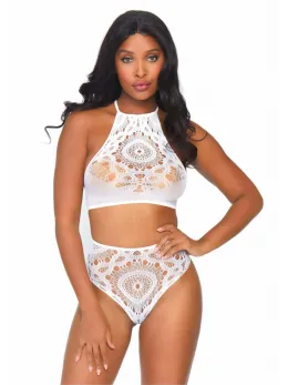 Dreamgirl Halter Crop Top & High Waist Thong Set, Crochet Lace, White