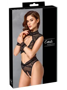 Cottelli Bondage Lace Bra & Crotchless Briefs Set with Handcuffs M