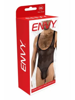 ENVY Fierce Deep V Mesh Bodysuit Black OS - Athletic Diamond Pattern