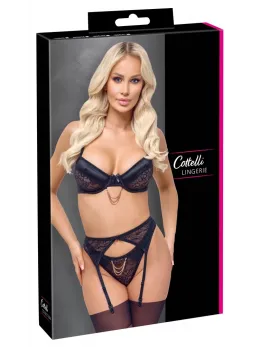 Cottelli Lingerie Bra and Suspender Set Black Lace 75B/S with Chain Accent