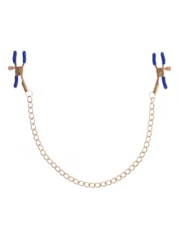 Sportsheets Cougar Adjustable Gold Chain Nipple Clamps with Blue Tips