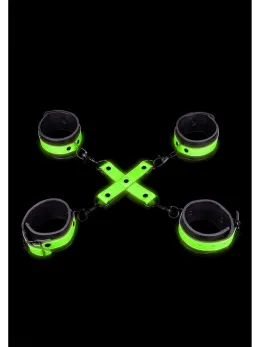 Ouch! Glow in the Dark Hand & Ankle Cuffs Set with Hogtie, Luminous Green