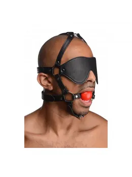 Sex & Mischief Blindfold Harness with Red Ball Gag Adjustable Black